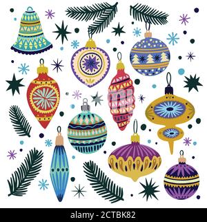 Big set of cute doodle vintage vector Christmas decorations for fir tree.  Stock Vector