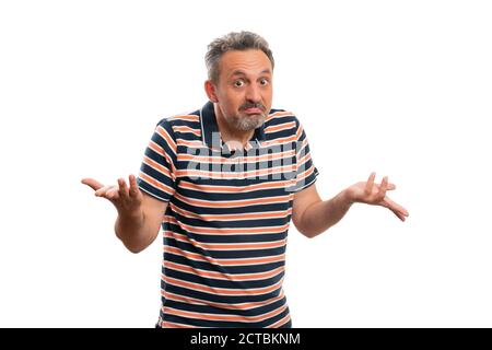 Confused curious expression male model asking question shrugging wearing casual striped summer stylish tshirt isolated on white background Stock Photo