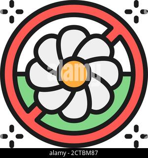 Forbidden sign with flowers, pollen allergy flat color line icon. Stock Vector