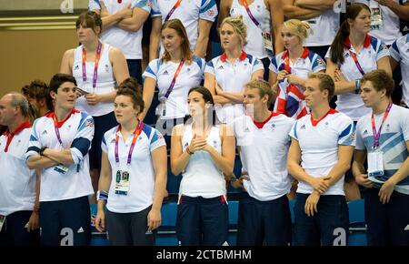 London 2012 Olympics Women's 800m Freestyle Final Rebecca Adlington's Team GB colleagues watch on as she wins the bronze medal.Pic: Mark Pain / Alamy Stock Photo