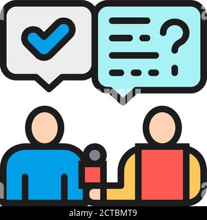 Reporter with microphone, social survey of voters, interview color line icon. Stock Vector
