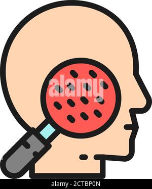 Face under magnifying glass, skin allergy, rashes, dermatitis flat color line icon. Stock Vector