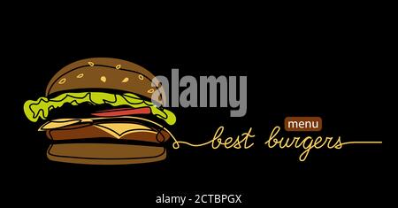 Best burgers menu vector web banner, poster on black background. Modern line art design with lettering Best burgers and doodle illustration Stock Vector