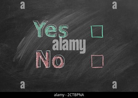 Two voting checkboxes with lettering Yes and No on blackboard. Your choice concept. Stock Photo