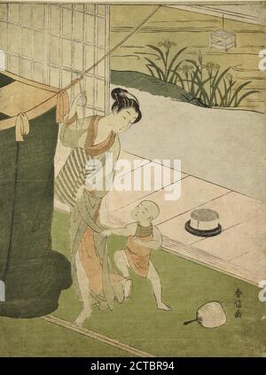 In a room in a house by a stream, in which iris are growing, a woman in transparent garments taking her young son to put him to bed beneath a mosquito net shown at the left, still image, Prints, 1768 Stock Photo