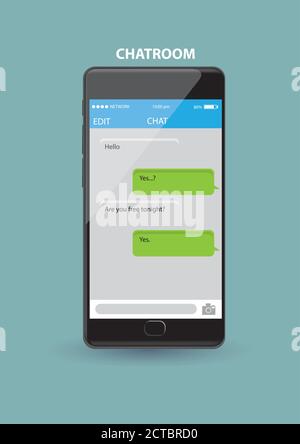 Message conversation in dating chatroom on screen of a new black handphone. Realistic vector illustration isolated on green plain background Stock Vector