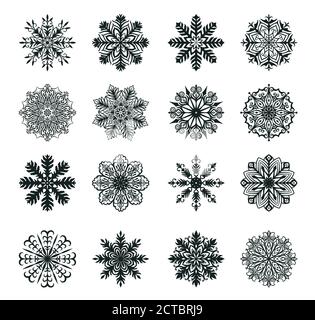 Big set with black and white snowflakes. Collection of vector winter Christmas and New Year decoration elements.  Stock Vector