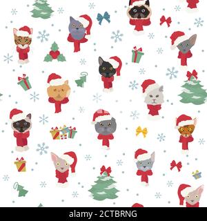 Cat portraits in Santa hats and scarves. Christmas holiday seamless pattern. Vector illustration Stock Vector