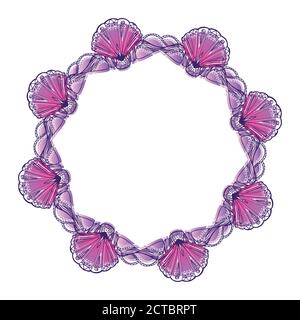 Round neon frame with seashells with boho pattern. The object is separate from the background.  Vector template for greeting cards, invitation cards a Stock Vector
