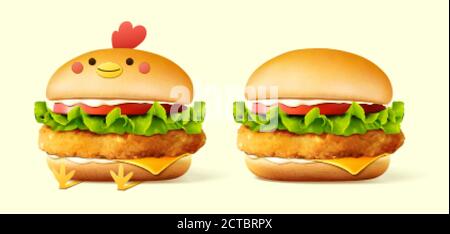 Realistic delicious 3d illustration chicken burgers isolated on beige background Stock Vector