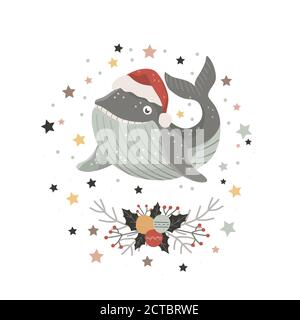 Christmas card with baby shark in santa hat on white background. Vector illustration. Stock Vector