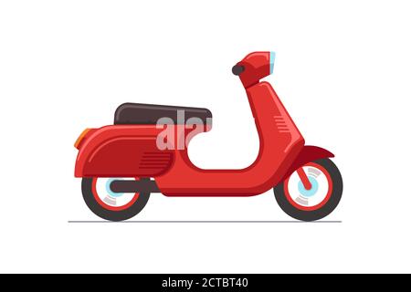 Red retro vintage scooter isolated on white bacground. Traditional recreational motorcycle transport. Moped delivery symbol vector eps illustration Stock Vector