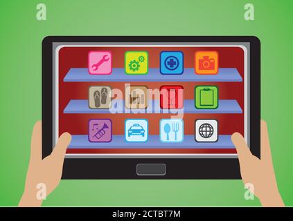 Hands holding a wireless touchscreen tablet computer with display of applications icons on shelves. Vector illustration isolated on green background Stock Vector