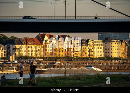Skyline of Düsseldorf on the Rhine, Oberkassler Bridge, old town, riverside promenade, Düsseldorf, NRW, Germany, Stock Photo