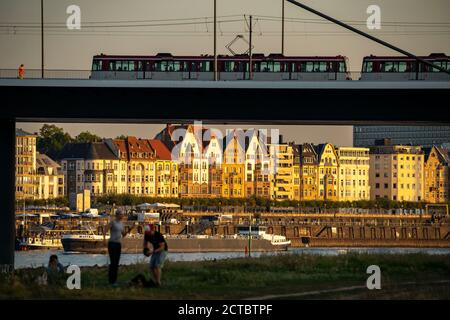 Skyline of Düsseldorf on the Rhine, Oberkassler Bridge, old town, riverside promenade, Düsseldorf, NRW, Germany, Stock Photo