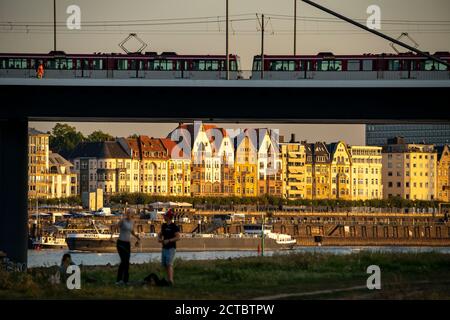 Skyline of Düsseldorf on the Rhine, Oberkassler Bridge, old town, riverside promenade, Düsseldorf, NRW, Germany, Stock Photo