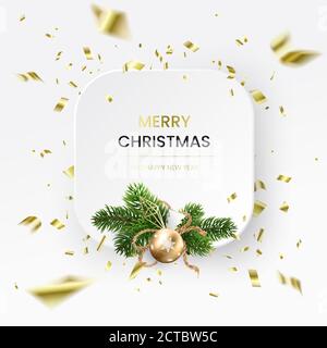 3d Christmas white card, wreath and gold foil Stock Vector