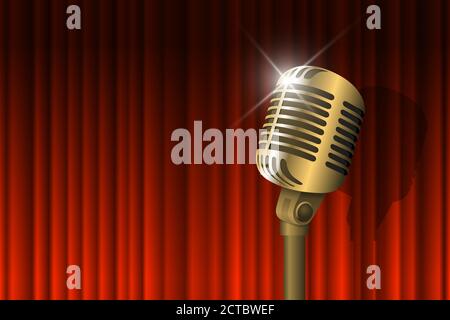 Gold vintage microphone illuminated and red curtain background. Retro music concept. Mic on empty theatre stage. Stand up comedy night show. Karaoke party vector eps art illustration Stock Vector