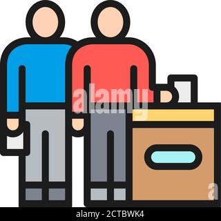 People put ballot paper in ballot box, election day flat color line icon. Stock Vector