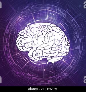 Human brain on violet techno background. Display, communication. Vector element for your design Stock Vector