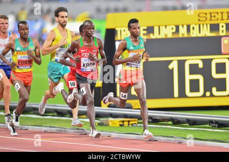 Selemon Barega (Ethiopia), Jacob Krop (Kenya), Muktar Edris (Ethiopia). 5000 Metres Men. IAAF World Athletics Championships, Doha 2019 Stock Photo