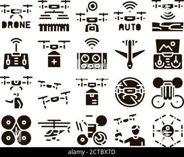 Drone Fly Quadrocopter Glyph Set Vector Stock Vector