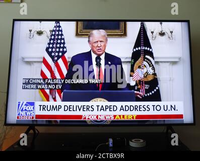 New York, United States. 22nd Sep, 2020. President Donald Trump delivers a taped address at the 75th General Debate of the United Nations General Assembly at United Nations Headquarters on Tuesday, September 22, 2020 in New York City. Due to the Coronavirus pandemic presidents and prime Ministers took a pass on coming to America this year and instead they will deliver pre-recorded remarks. Photo by John Angelillo/UPI Credit: UPI/Alamy Live News Stock Photo