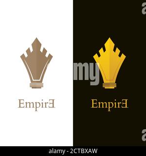 Shield shaped castle icons. Gold colored castle logo designs. Stock Vector
