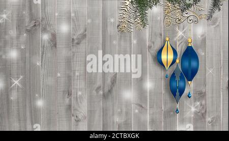 Christmas and New Year background over wood. Blue balls, fir branches on white wooden background. Copy space, place for text. 3D illustration Stock Photo