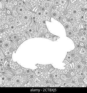 Vector illustration of bunny silhouette on floral background. Seamless coloring page book antistress. Template for Easter greeting card Stock Vector
