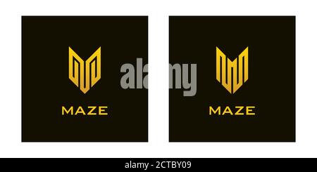 Gold colored letter v or m icons on black background. Luxury logo designs. Stock Vector