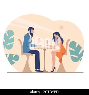 Romantic dinner at restaurant illustration. Happy characters are sitting at restaurant table with glasses of rose wine. Stock Vector