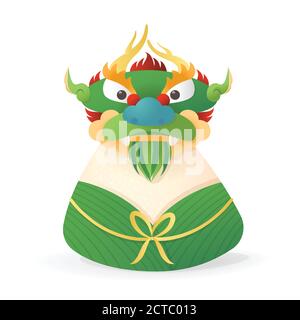 Dragon Boat Festival concept - Dragon head front view on Zongzi - Duanwu or Zhongxiao - vector illustration isolated Stock Vector