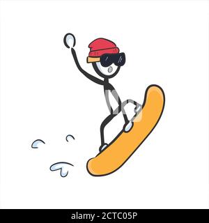Snowboard jump big air ramp. Vector simple extreme sports. Stickman no face clipart cartoon. Hand drawn. Doodle sketch, graphic illustration Stock Vector