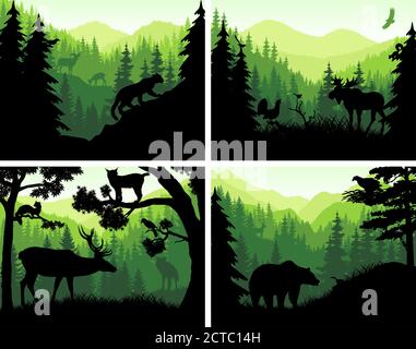 set of vector mountains woodland animals silhouettes in sunset design templates Stock Vector