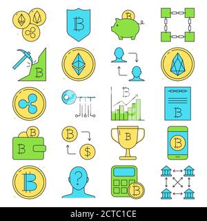 Cryptocurrency icon set in colored line style Stock Vector