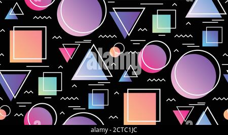 Seamless pattern in the memphis style with geometric shapes on black background. Vector texture for your creativity Stock Vector