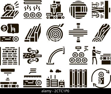 Wood Production Plant Glyph Set Vector Stock Vector