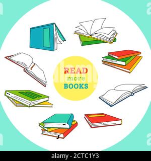 Books cartoon arranged in circle. Empty pages for library. Hand drawn blank textbooks, hardbacks. Reading, learn and receive education through books collection. Vector illustration on white background Stock Vector