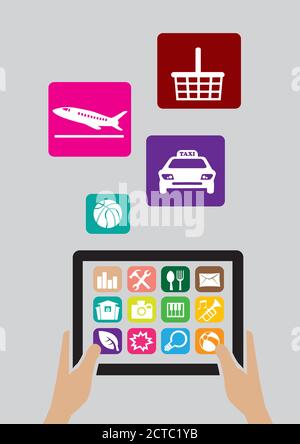 Hand holding touchscreen digital tablet PC with application icons for wireless technology concept. Vector illustration isolated on grey background. Stock Vector