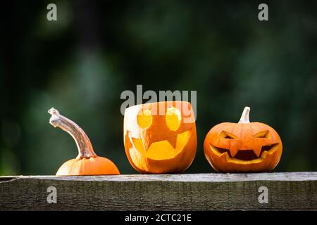 Halloween pumpkins or jack-o-lantern at home terrace. Decoration and holidays concept Stock Photo