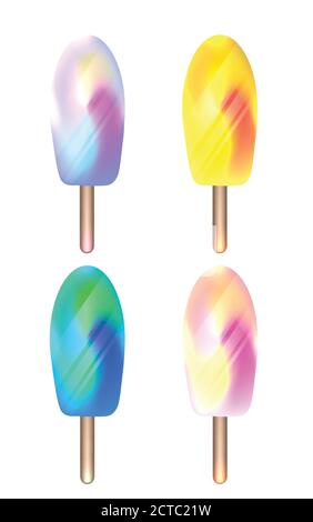 Set of foil ice on stick. Ice cream with a blurry multicolored background. Objects separate from the background. Vector element for your creativity. Stock Vector