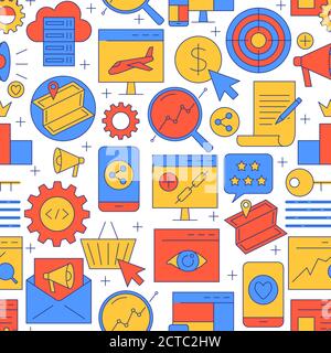 Bright SEO seamless pattern in line style Stock Vector