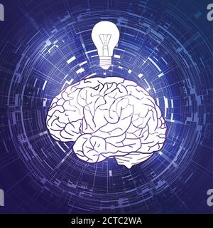 Human brain and a light bulb  on violet techno background. Idea, inspiration.  Vector element for your design Stock Vector
