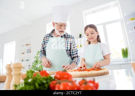 Portrait of his he her she nice friendly cheerful focused grey-haired grandparent grandchild teaching cook fresh homemade vegs natural recipe workshop Stock Photo