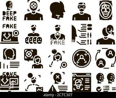 Deepfake Face Fake Glyph Set Vector Stock Vector