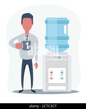 Water cooler. Office. Young male manager holding a cup. Coffee break. Stock Vector