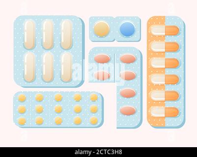 Blisters with pills and capsules illustration. Medicinal pain reliever powerful antibiotics red small yellow sedatives. Stock Vector
