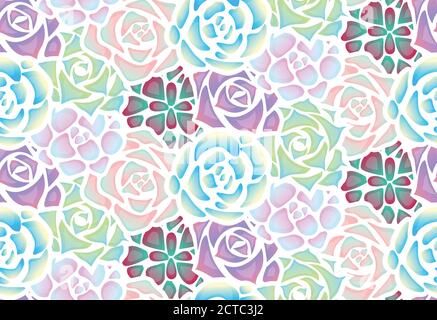 Seamless pattern of neon succulents with patches of light . View from above. Vector texture for creating fabrics, wallpaper and your design. Stock Vector