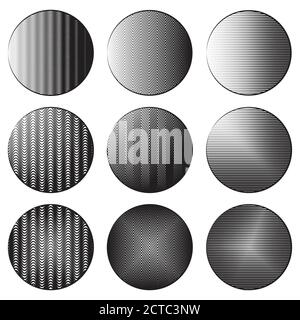 Set of round banners with engraving shading. Different types of hatching.  The object is separate from the background. Black and white etching vector Stock Vector